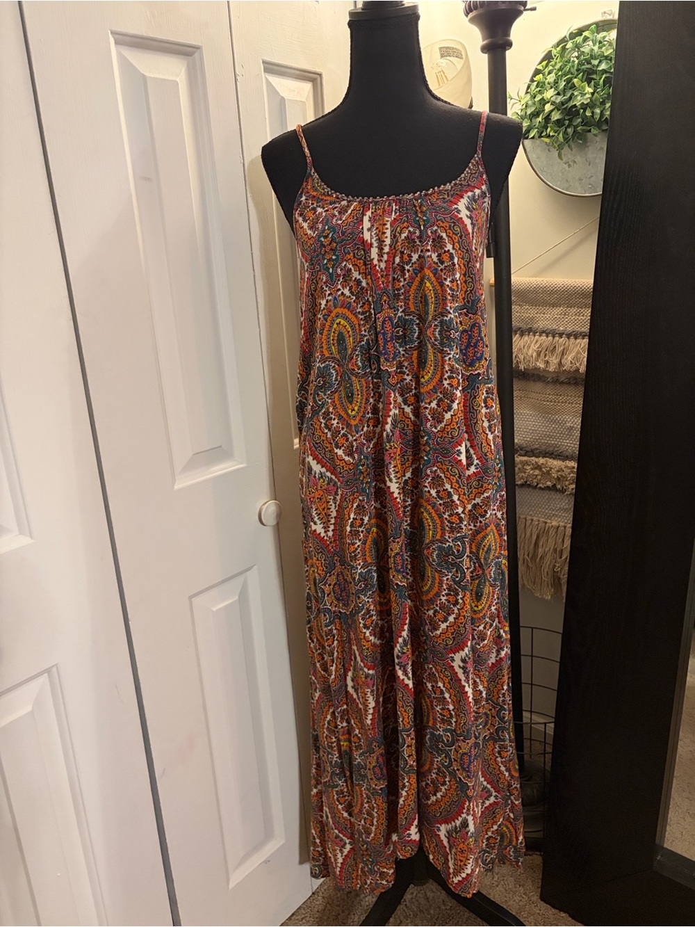 En Creme Multicolor Paisley Maxi Dress with Orange and Green Accents